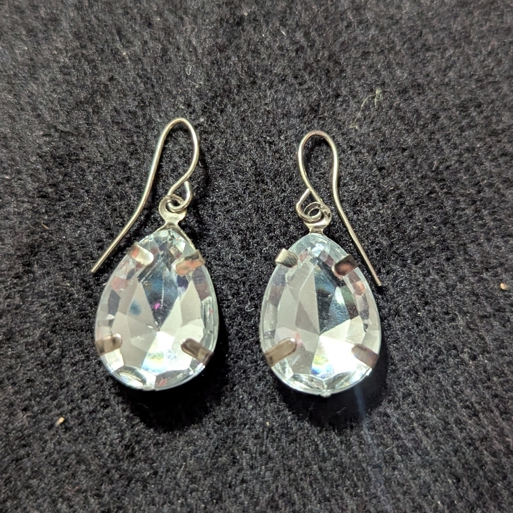 Silver Tone Clear Rhinestone Teardrop Dangle Statement Earrings